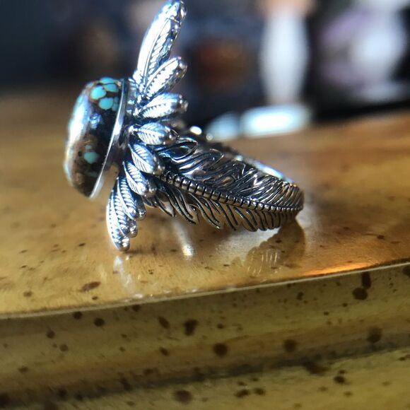 Natural Blue Turquoise Feather Crown Ring Size 7 - Picture 9 of 10